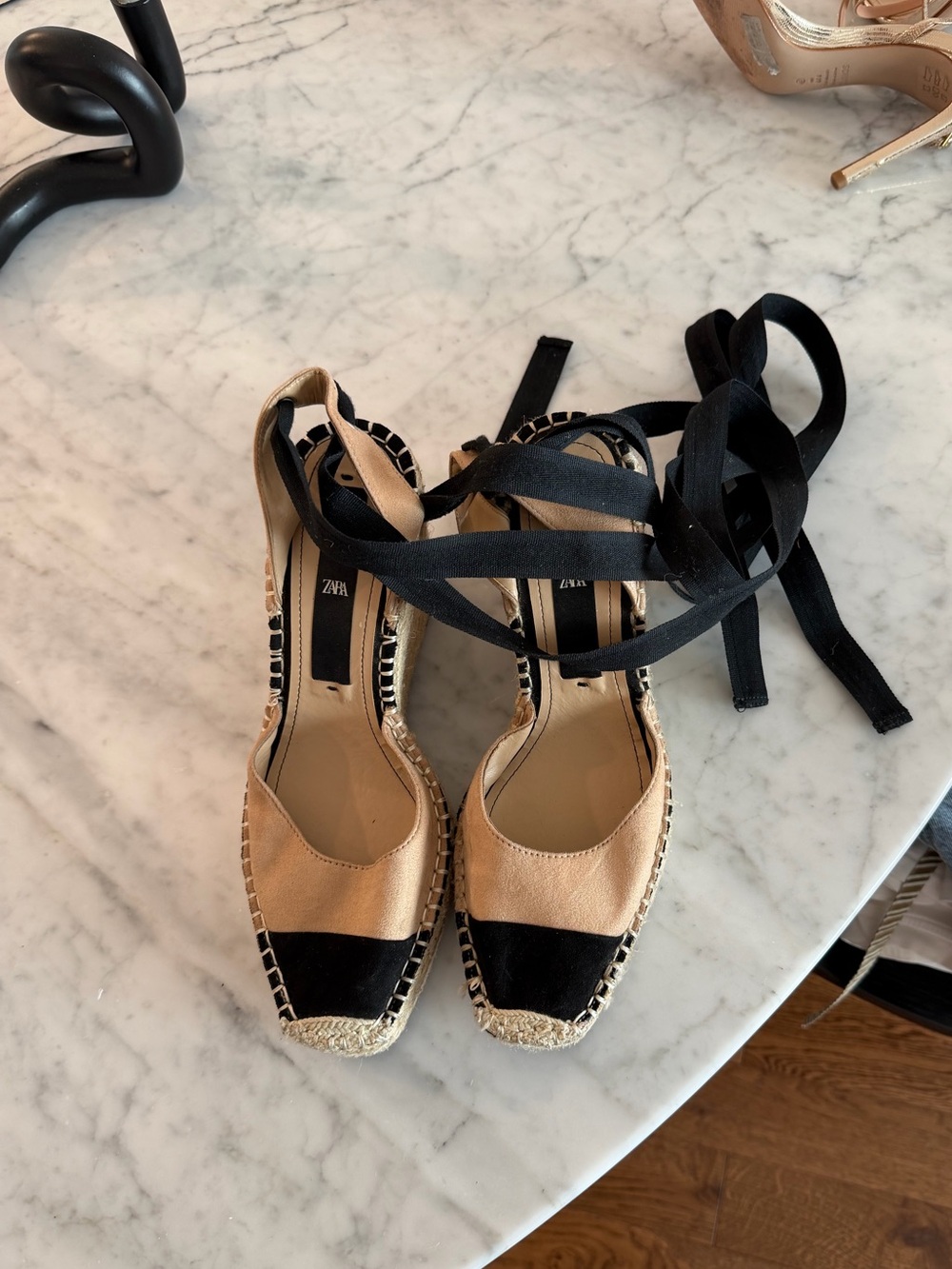 Zara Two-Tone Lace-Up Espadrilles in Beige and Black